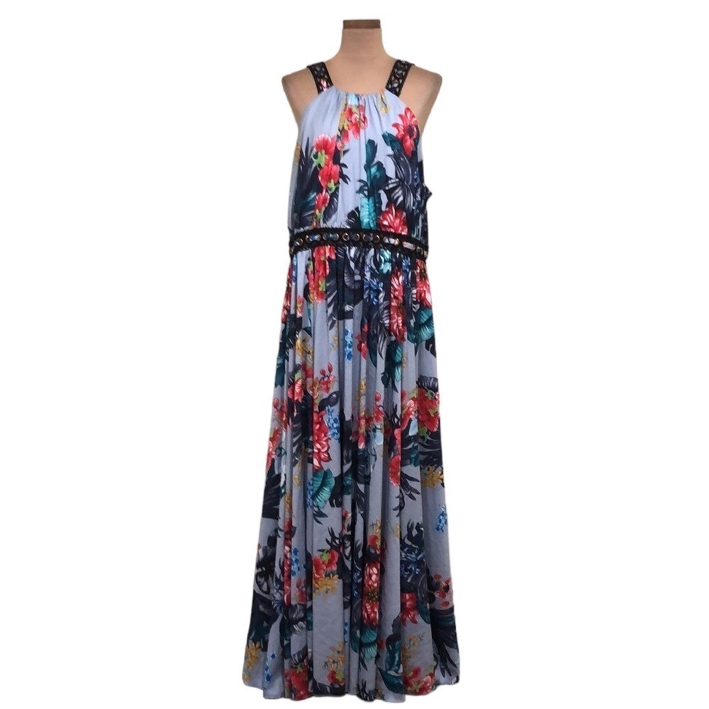 Badgley Mischka Floral Grommet Gown Size XS Blue Tropical Maxi Dress